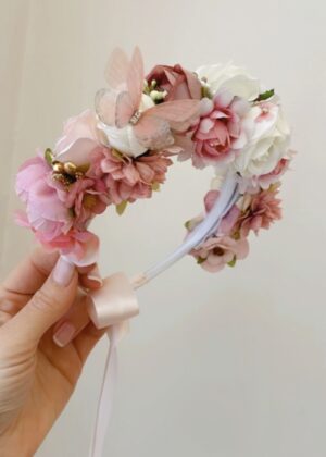Butterfly Pink στέκα / στεφάνι με λουλούδια και πεταλούδες βαπτηση βαπτιστικό θεμα πεταλουδα